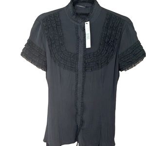 ELLIE TAHARI    Black Short Sleeved 100% Silk Blouse w Ruffled Front/Sle…